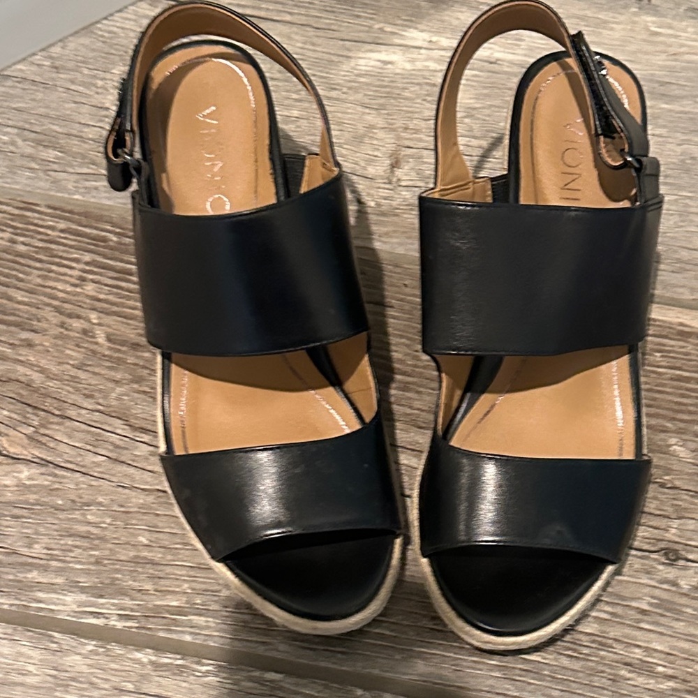 Vionic Black Leather Wedge Sandals